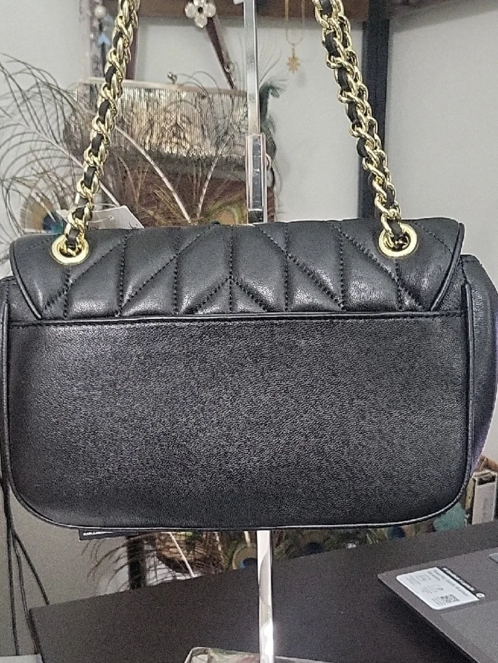 Karl Lagerfeld Black Quilted Shoulder Bag with Gold Chain and Crystal Accents - Picture 6 of 14